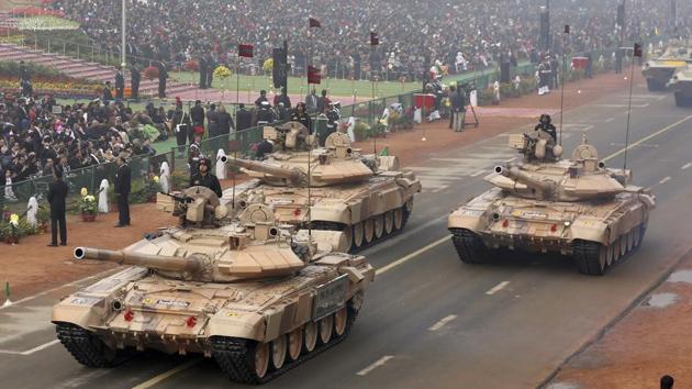 The T-90 Bhishma tanks rumble down Rajpath’s ceremonial boulevard. (AP)