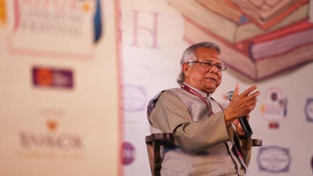 Using bonsai as an explanation for micro credit, Nobel laureate Mohammad Yunus said during his session with Mihir Sharma at the Jaipur Literature Festival said, “If you take the seed of the largest tree in the forest, and plant it in a small flower pot, it will not grow to be a big and mighty tree.”(Raj K Raj/HT PHOTO)