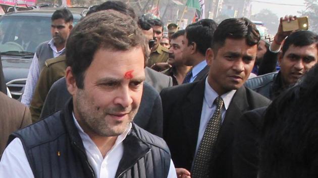 Congress president Rahul Gandhi greets his supporters on his arrival at Amethi on January 16.(PTI File Photo)