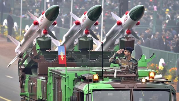 The Akash Weapon System of the 27 Air defence regiment, capable of firing short range surface to air missiles passes through the saluting base. (Ajay Aggarwal / HT Photo)