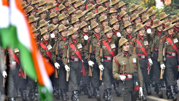 The Ladakh Scouts contingent of the Indian Army marches past during the parade. (Ajay Aggarwal / HT PHOTO)