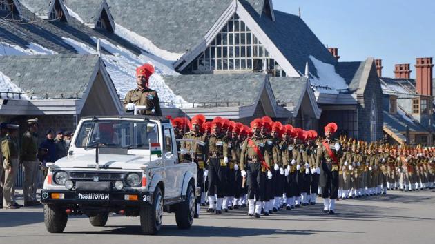 An Army contingent marches across the historical ridge on Republic Day in Shimla. (PTI) An Army contingent marches across the historical ridge on Republic Day in Shimla. (PTI)
