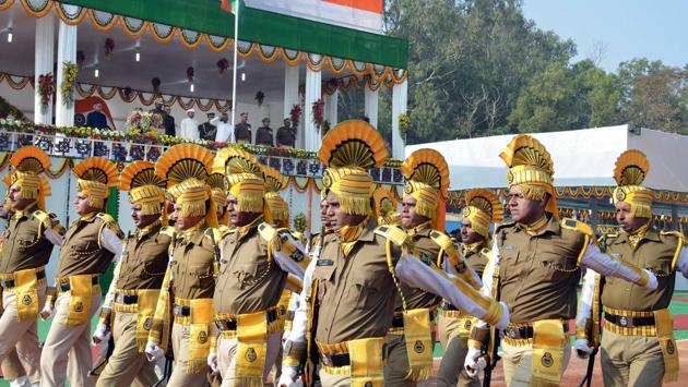 A CISF contingent marches past as Governor Draupadi Murmu acknowledges with a salute in Ranchi. (PTI) A CISF contingent marches past as Governor Draupadi Murmu acknowledges with a salute in Ranchi. (PTI)