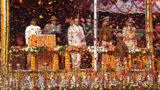 Assam Governor Prof Jagdish Mukhi (C), after unfurling the national flag in Guwahati. (PTI) Assam Governor Prof Jagdish Mukhi (C), after unfurling the national flag in Guwahati. (PTI)