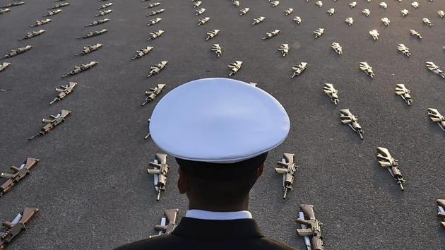 Weapons of Indian Navy soldiers seen at Rajpath during a rehearsal by for the Republic Day parade on Sunday. (PTI ) Weapons of Indian Navy soldiers seen at Rajpath during a rehearsal by for the Republic Day parade on Sunday. (PTI )