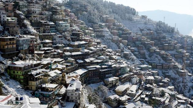 A view of snow covered roofs after the first snowfall of the year at Sanjauli, Shimla on Wednesday. (Deepak Sansta / HT Photo) A view of snow covered roofs after the first snowfall of the year at Sanjauli, Shimla on Wednesday. (Deepak Sansta / HT Photo)