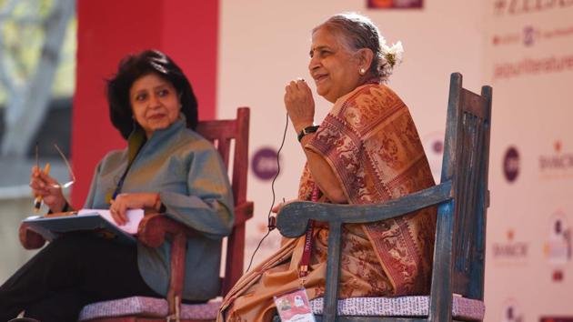 Sudha Murty (R) in conversation with Puneeta Roy during ‘The Man From The Egg’ session on the second day of JLF. (Raj K Raj / HT Photo) Sudha Murty (R) in conversation with Puneeta Roy during ‘The Man From The Egg’ session on the second day of JLF. (Raj K Raj / HT Photo)