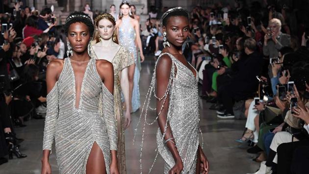 The couture creations by Georges Hobeika harkened to a golden-era of lightness with their use of cascading chiffon and silk charmeuse. (Alain Jocard / AFP) The couture creations by Georges Hobeika harkened to a golden-era of lightness with their use of cascading chiffon and silk charmeuse. (Alain Jocard / AFP)