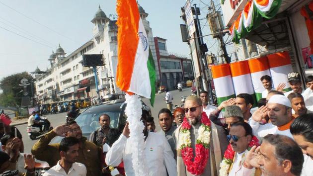 AIMIM leader Asaduddain Owaisi hoists the national flag at Madina Circle in Hyderabad. (PTI) AIMIM leader Asaduddain Owaisi hoists the national flag at Madina Circle in Hyderabad. (PTI)