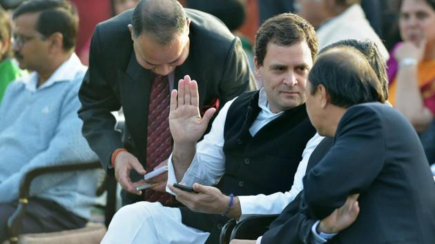 Congress President Rahul Gandhi during an 'At Home' reception organised on the occasion of Republic Day at Rashtrapati Bhavan in New Delhi on Friday. (PTI) Congress President Rahul Gandhi during an 'At Home' reception organised on the occasion of Republic Day at Rashtrapati Bhavan in New Delhi on Friday. (PTI)