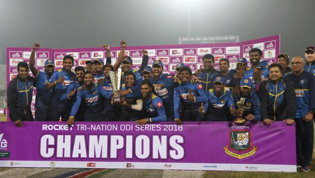 Shehan Madushanka took a hat-trick on his debut while Dushmantha Chameera and Akila Dananjaya took two wickets each as Sri Lanka beat Bangladesh by 79 runs to win the tri-nation series. (AP) Shehan Madushanka took a hat-trick on his debut while Dushmantha Chameera and Akila Dananjaya took two wickets each as Sri Lanka beat Bangladesh by 79 runs to win the tri-nation series. (AP)