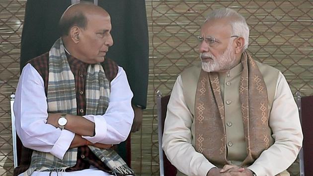 Prime Minister Narendra Modi and home minister Rajnath Singh during the ceremonial reception of Prime Minister of Cambodia Hun Sen at Rashtrapati Bhawan in New Delhi on Saturday. (Ajay Aggarwal/HT Photo) Prime Minister Narendra Modi and home minister Rajnath Singh during the ceremonial reception of Prime Minister of Cambodia Hun Sen at Rashtrapati Bhawan in New Delhi on Saturday. (Ajay Aggarwal/HT Photo)