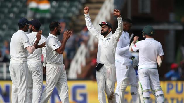 India captain Virat Kohli celebrates after his team won the third Test against South Africa in Johannesburg. (BCCI)