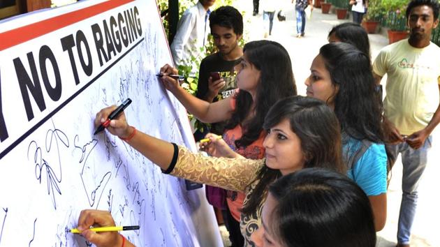 The students sign No Ragging pledge on the first day of new academic year at Hansraj College in New Delhi, India, on Monday, July 21, 2014. (Hindustan Times File Photo) The students sign No Ragging pledge on the first day of new academic year at Hansraj College in New Delhi, India, on Monday, July 21, 2014. (Hindustan Times File Photo)