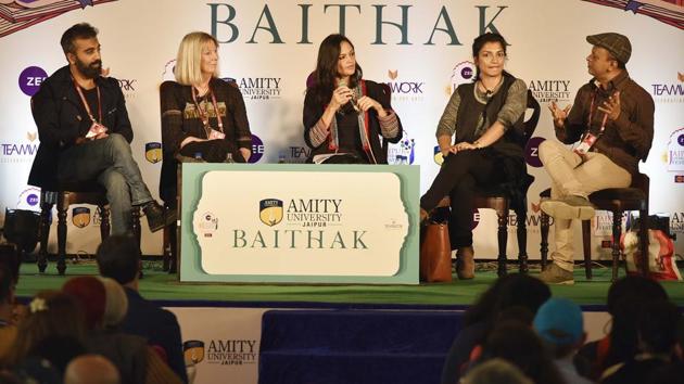 Diksha Basu (2R), Lucy Hughes-Hallett (2L), Prayaag Akbar (L) and Sandip Roy (R) in conversation during the ‘On First Novels’ session with Tishani Doshi (C) at Jaipur Literature Festival (JLF) in Rajasthan. (Raj K Raj / HT Photo) Diksha Basu (2R), Lucy Hughes-Hallett (2L), Prayaag Akbar (L) and Sandip Roy (R) in conversation during the ‘On First Novels’ session with Tishani Doshi (C) at Jaipur Literature Festival (JLF) in Rajasthan. (Raj K Raj / HT Photo)