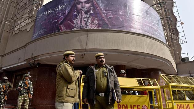 The security personnel guarding outside Delight cinema house, after release of the film Padmaavat in New Delhi, India, on Thursday, January 25, 2018. (Mohd Zakir/HT PHOTO File) The security personnel guarding outside Delight cinema house, after release of the film Padmaavat in New Delhi, India, on Thursday, January 25, 2018. (Mohd Zakir/HT PHOTO File)