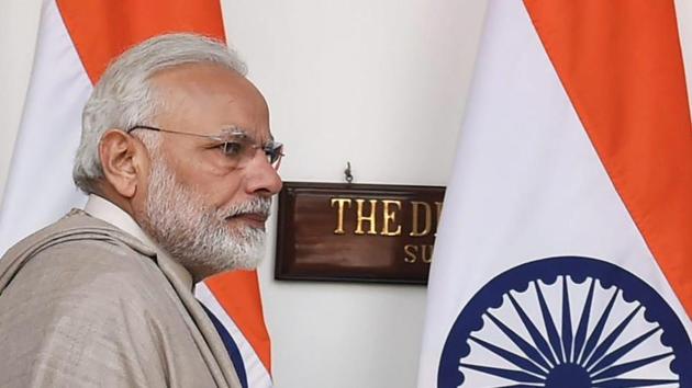 Prime Minister Narendra Modi at Hyderabad House in New Delhi on Saturday.(PTI Photo)