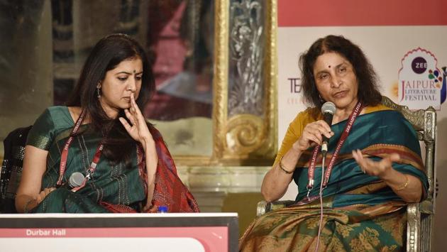 Indira Peterson (R) and Manu S. Pillai (not pictured) in conversation during the ‘A Tale of Two Courts: Thanjavur and Travancore’ session with Arundhathi Subramaniam (L) at Diggi Palace. (Raj K Raj / HT Photo) Indira Peterson (R) and Manu S. Pillai (not pictured) in conversation during the ‘A Tale of Two Courts: Thanjavur and Travancore’ session with Arundhathi Subramaniam (L) at Diggi Palace. (Raj K Raj / HT Photo)