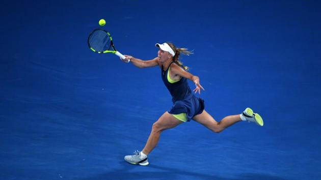 Caroline Wozniacki hits a return against Romania's Simona Halep during the first set of their women's singles final match on day 13 of the Australian Open tennis tournament in Melbourne on Saturday. (AFP) Caroline Wozniacki hits a return against Romania's Simona Halep during the first set of their women's singles final match on day 13 of the Australian Open tennis tournament in Melbourne on Saturday. (AFP)