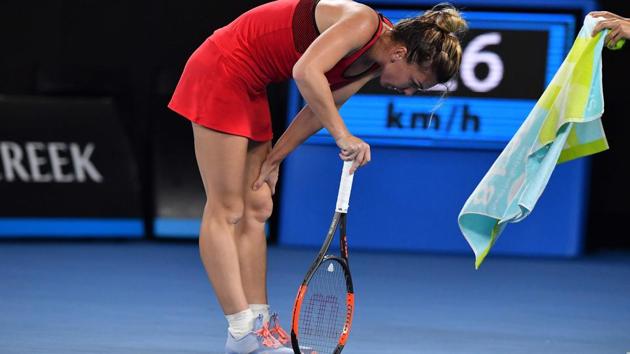 Ultimately, it all boiled down to fitness in the final set of the women’s singles summit clash between Simona Halep and Caroline Wozniacki. Halep is seen here trying to cool things during the match. (AFP) Ultimately, it all boiled down to fitness in the final set of the women’s singles summit clash between Simona Halep and Caroline Wozniacki. Halep is seen here trying to cool things during the match. (AFP)