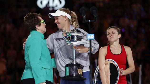 Caroline Wozniacki interacts with Billie Jean King during the Australian Open victory ceremony as women’s singles runner-up Simona Halep looks on. (REUTERS) Caroline Wozniacki interacts with Billie Jean King during the Australian Open victory ceremony as women’s singles runner-up Simona Halep looks on. (REUTERS)
