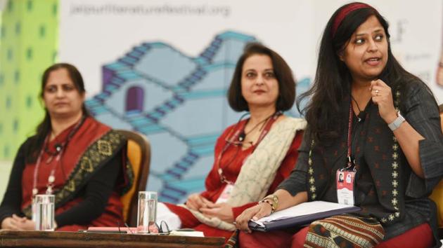 From left: Namita Waikar, Namita Bhandare and Kota Neelima during the session titled Visible Work, Invisible Women at the Jaipur Literature Festival.(Raj K Raj/HT PHOTO) From left: Namita Waikar, Namita Bhandare and Kota Neelima during the session titled Visible Work, Invisible Women at the Jaipur Literature Festival.(Raj K Raj/HT PHOTO)