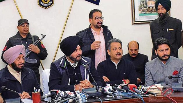 Local bodies minister Navjot Singh Sidhu (second from left) interacting with the media after the Republic Day celebrations in Sangrur. (HT Photo) Local bodies minister Navjot Singh Sidhu (second from left) interacting with the media after the Republic Day celebrations in Sangrur. (HT Photo)