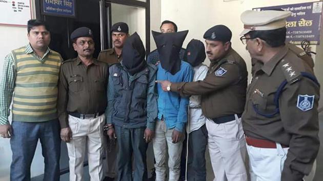 Ashsih Sahu (fourth from left) and two others after their arrest following the parcel bomb blast in Sagar that targeted a senior postal department officer. (HT PHOTO) Ashsih Sahu (fourth from left) and two others after their arrest following the parcel bomb blast in Sagar that targeted a senior postal department officer. (HT PHOTO)