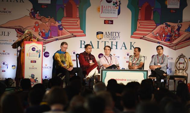 Esther David , Hugh Thomson(L), Kushanava Choudhury(R) and Yatindra Mishra(2L) in conversation with Sam Miller(C) and Vikas Sing(2R) during Cities: Past and Future session Days in Jaipur Literature Festival (JLF) at Diggi Palace in Jaipur, Rajasthan, India, on Sunday, January 28, 2018. (Raj K Raj/HT Photo) Esther David , Hugh Thomson(L), Kushanava Choudhury(R) and Yatindra Mishra(2L) in conversation with Sam Miller(C) and Vikas Sing(2R) during Cities: Past and Future session Days in Jaipur Literature Festival (JLF) at Diggi Palace in Jaipur, Rajasthan, India, on Sunday, January 28, 2018. (Raj K Raj/HT Photo)