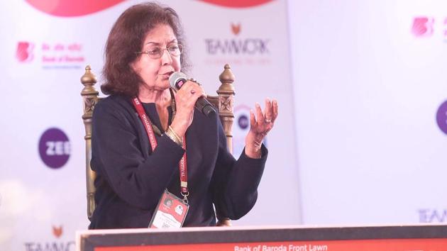 Nayantara Sahgal speaks during a session titled When the Moon Shines By Day at the Jaipur Literature Festival on Saturday.(Himanshu Vyas/HT Photo)