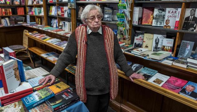 Bookshop owner Helga Weyhe poses in her shop in the German town of Salzewedel. (AFP)