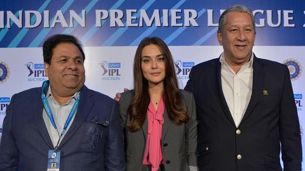 Preity Zinta, co-owner of Kings XI Punjab, and Indian Premier League chairman Rajeev Shukla (L) and Ranjit Barthakur, Rajasthan Royals CEO on the sidleine of the IPL auction 2018. (AFP) Preity Zinta, co-owner of Kings XI Punjab, and Indian Premier League chairman Rajeev Shukla (L) and Ranjit Barthakur, Rajasthan Royals CEO on the sidleine of the IPL auction 2018. (AFP)