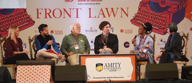 Amy Tan(R), Chika Unigwe(2R), Helen Fielding(L), Joshua Ferris (C) and Michael Ondaatje(3L) in conversation with Chandrahas Choudhury (2L) during The Art of the Novel: On Writing Fiction session in Jaipur Literature Festival (JLF) at Diggi Palace in Rajasthan, India, on Sunday, January 28, 2018. (Raj K Raj/HT Photo) Amy Tan(R), Chika Unigwe(2R), Helen Fielding(L), Joshua Ferris (C) and Michael Ondaatje(3L) in conversation with Chandrahas Choudhury (2L) during The Art of the Novel: On Writing Fiction session in Jaipur Literature Festival (JLF) at Diggi Palace in Rajasthan, India, on Sunday, January 28, 2018. (Raj K Raj/HT Photo)
