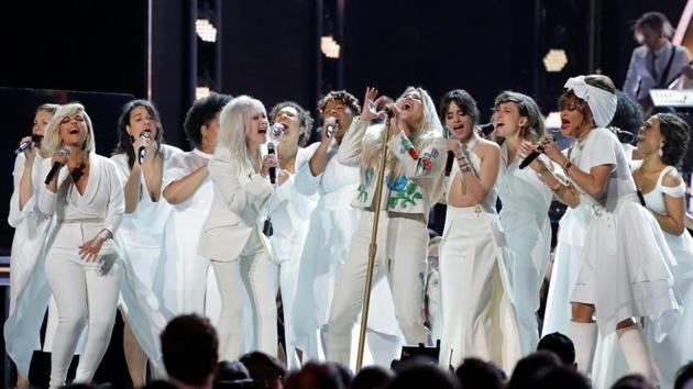 The industry seized on its annual gala to rally on behalf of the growing women’s movement against sexual harassment, with pop singer Kesha (C) delivering a fierce performance about her own abuse story. (Lucas Jackson / REUTERS) The industry seized on its annual gala to rally on behalf of the growing women’s movement against sexual harassment, with pop singer Kesha (C) delivering a fierce performance about her own abuse story. (Lucas Jackson / REUTERS)