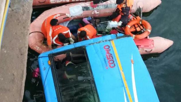 A Malda-bound bus fell into a canal in West Bengal’s Murshidabad district on Monday. (ANI Photo) A Malda-bound bus fell into a canal in West Bengal’s Murshidabad district on Monday. (ANI Photo)