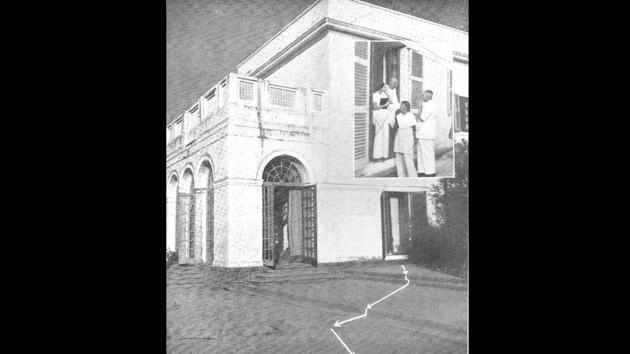 Arrows mark the path Mahatma Gandhi took during his walk to the prayer congregation from his room on January 30, 1948. Image Inset shows him emerging on a prior occasion. Taking a detour from the arbor, Gandhi walked down the steps into a crowd that had gathered. Shortly after, gunshots rang and he succumbed around the corner to a spot that now bears a plaque with his last words “Hey Ram.” (HT Archive)