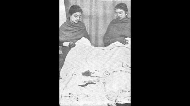 A view of the blood-stained cloth that Mahatma Gandhi had draped over his shoulder at the time of death. As doctors took Gandhi into Birla House, crowds began collecting the earth around the spot he fell and had to be stopped once a pit had emerged. Others who had watched the assassination rushed to touch the khadi sheet covering the prayer dais in obeisance. (HT Archive)