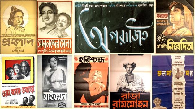 Posters of various films like Raja Rammohan, Prahlad, Sadanander Mela, Aparajito, Harishchandra, Jalsaghar and Bhagini Nibedita that had Aurora associated with them. Among these it produced the Bhagini Nibedita which was the first Bengali film to be shot abroad, party funded and distributed Ray’s Aparajito and produced and distributed Ray’s Jalsaghar. (Samir Jana / HT Photo) 