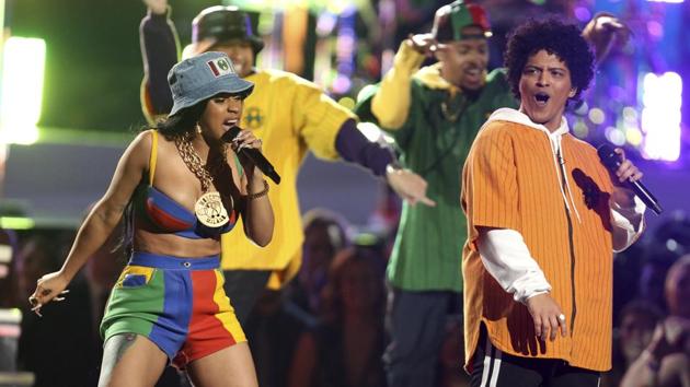 Bruno Mars and Cardi B perform "Finesse" at the 60th annual Grammy Awards. (Matt Sayles / Invision / AP) Bruno Mars and Cardi B perform "Finesse" at the 60th annual Grammy Awards. (Matt Sayles / Invision / AP)