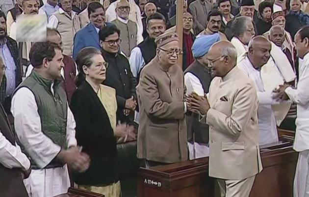President Ram Nath Kovind greets former Congress president Sonia Gandhi, on the first day of Budget Session, in New Delhi on Monday.B) (PTI Photo) President Ram Nath Kovind greets former Congress president Sonia Gandhi, on the first day of Budget Session, in New Delhi on Monday.B) (PTI Photo)