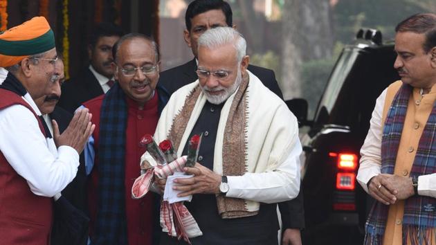 Prime Minister Narendra Modi welcomed by Union parliamentary affairs minister Ananth Kumar (right), MoS Arjun Ram Meghwal (left) and Vijay Goel (second left) on the first day of the budget session of Parliament, in New Delhi on Monday. (Arvind Yadav/HT Photo) Prime Minister Narendra Modi welcomed by Union parliamentary affairs minister Ananth Kumar (right), MoS Arjun Ram Meghwal (left) and Vijay Goel (second left) on the first day of the budget session of Parliament, in New Delhi on Monday. (Arvind Yadav/HT Photo)