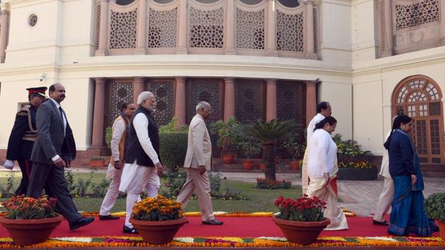 Lok Sabha Speaker Sumitra Mahajan, President Ram Nath Kovind and Prime Minister Narendra Modi, Vice-President Venkaiah Naidu, Union Parliamentary affairs Minister Ananth Kumar, and other officials arrive ahead of the Budget Session 2018 in New Delhi. The President today addressed a joint sitting of the Lok Sabha and Rajya Sabha and marked the beginning of the Budget Session. (Sonu Mehta / HT Photo) Lok Sabha Speaker Sumitra Mahajan, President Ram Nath Kovind and Prime Minister Narendra Modi, Vice-President Venkaiah Naidu, Union Parliamentary affairs Minister Ananth Kumar, and other officials arrive ahead of the Budget Session 2018 in New Delhi. The President today addressed a joint sitting of the Lok Sabha and Rajya Sabha and marked the beginning of the Budget Session. (Sonu Mehta / HT Photo)