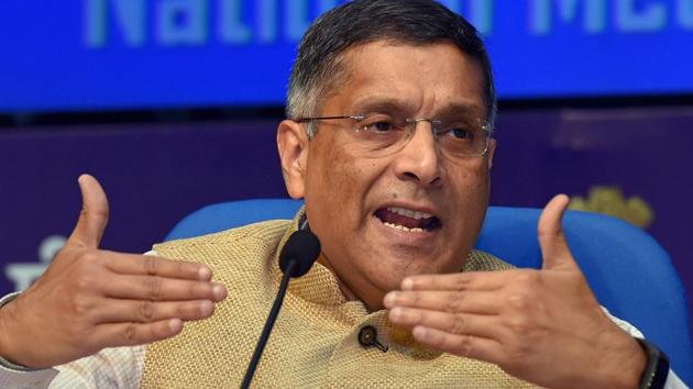 Chief Economic Adviser Arvind Subramanian addresses the media after annual Economic Survey 2017-18 was tabled in Parliament in New Delhi on Monday.(PTI Photo)