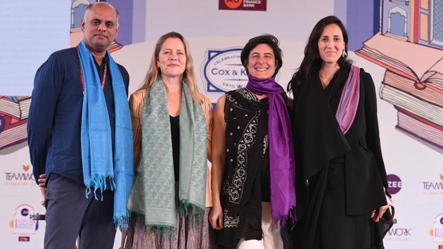 From left: Pramod Kumar, Paola Antonelli, Anja Aronowsky Cronej and Malika Verma Kashyap during the session Fashion and Modernity at the Jaipur Literature Festival.(Raj K Raj/HT PHOTO)