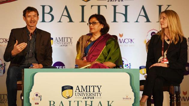 Author Normon Ohler (left) in conversation with Rakshanda Jalil (centre) and Anna Funder(right) at Jaipur Literature Festival (JLF). (Raj K Raj/HT PHOTO) Author Normon Ohler (left) in conversation with Rakshanda Jalil (centre) and Anna Funder(right) at Jaipur Literature Festival (JLF). (Raj K Raj/HT PHOTO)