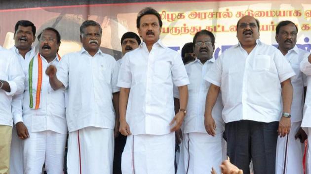 DMK working president MK Stalin and CPI State Secretary R Mutharasan along with other officials during a demonstration to demand rollback of recent bus fare hike in Chennai on Saturday. (PTI) DMK working president MK Stalin and CPI State Secretary R Mutharasan along with other officials during a demonstration to demand rollback of recent bus fare hike in Chennai on Saturday. (PTI)