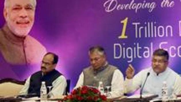 Union minister for and information technology Ravi Shankar Prasad during a high-level meeting with industry pioneers in New Delhi last year. Referring to the RBI data, the survey said software exports registered a growth of (-)0.7% in 2016-17. (PTI File Photo) Union minister for and information technology Ravi Shankar Prasad during a high-level meeting with industry pioneers in New Delhi last year. Referring to the RBI data, the survey said software exports registered a growth of (-)0.7% in 2016-17. (PTI File Photo)