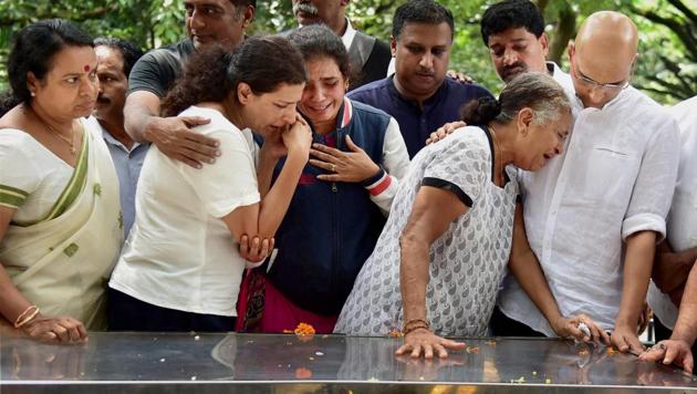 Journalist Gauri Lankesh 's mother Indira, brother Indrajit Lankesh and sister Kavitha Lankesh grieve near the mortal remains of her, in Bengaluru on Wednesday, Sept. 6, 2017. (PTI File Photo) Journalist Gauri Lankesh 's mother Indira, brother Indrajit Lankesh and sister Kavitha Lankesh grieve near the mortal remains of her, in Bengaluru on Wednesday, Sept. 6, 2017. (PTI File Photo)