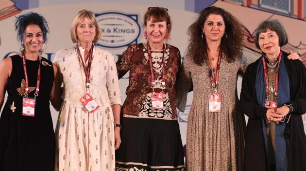 The session, titled The Feminine Gage: Women Writing Memoir was attended by Abeer Y Hoque, Alia Malek, Amy Tan, Juliet Nicolson and Keggie Carew.(Raj K Raj/HT PHOTO)