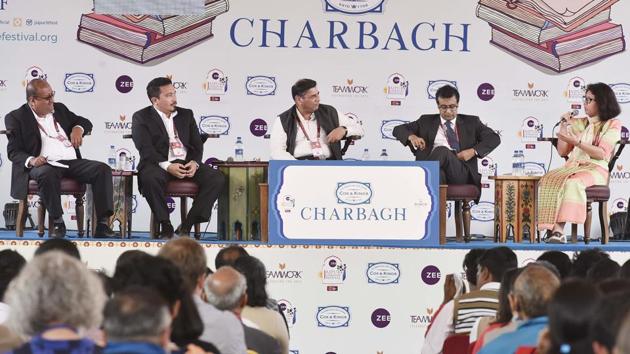 From left: Nepali author and business leader Sujeev Shakya, Bhutanese journalist Tenzing Lamsang, journalist Praveen Swami, and doctor, writer and human rights activist from Myanmar Ma Thida. The session was conducted by T.C.A. Raghavan.(Raj K Raj/HT PHOTO) From left: Nepali author and business leader Sujeev Shakya, Bhutanese journalist Tenzing Lamsang, journalist Praveen Swami, and doctor, writer and human rights activist from Myanmar Ma Thida. The session was conducted by T.C.A. Raghavan.(Raj K Raj/HT PHOTO)